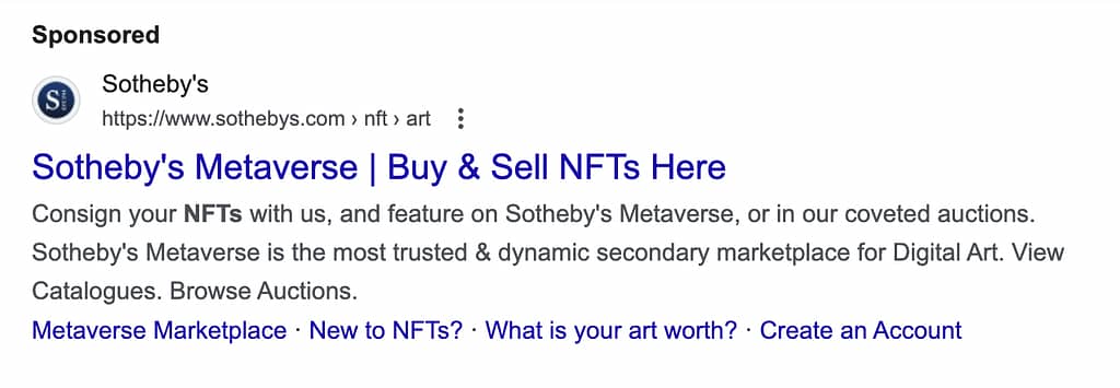 NFT PPC ad example