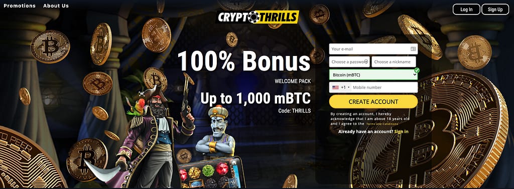Crypto Thrills Friendly Landing Page Boasts an "Up to 1,000 m BTC" Bonus when you sign up!