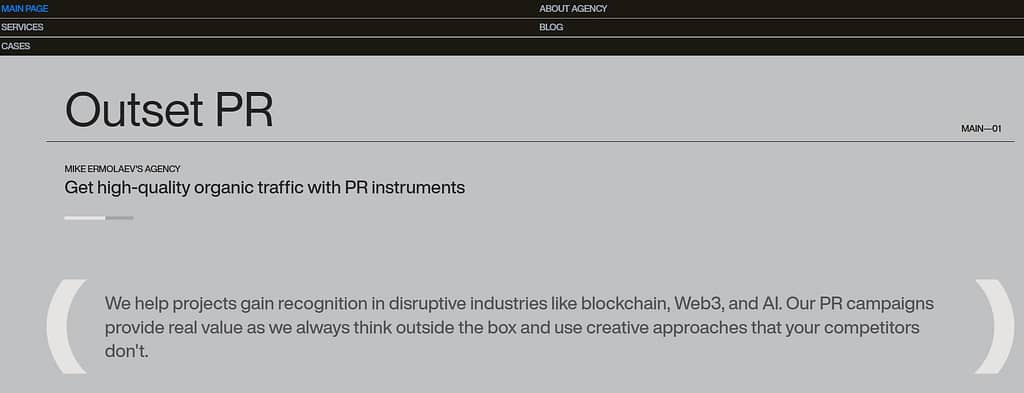 Outset PR crypto PR agency website screenshot