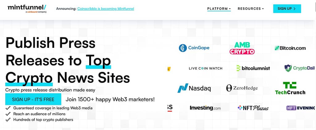 Mintfunnel cyrpto press release distributin platform screenshot