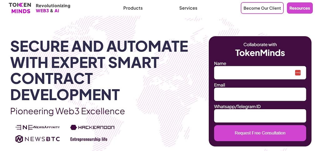 TokenMinds smart contract development services page screenshot
