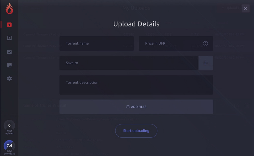 Upfiring's file-sharing decentralized application is very clean and easy to use