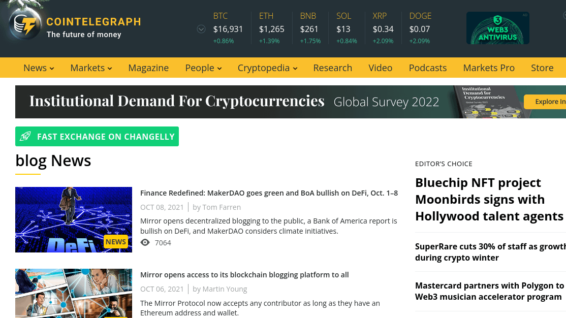 Cointelegraph screenshot - Best cyrpto blogs to follow