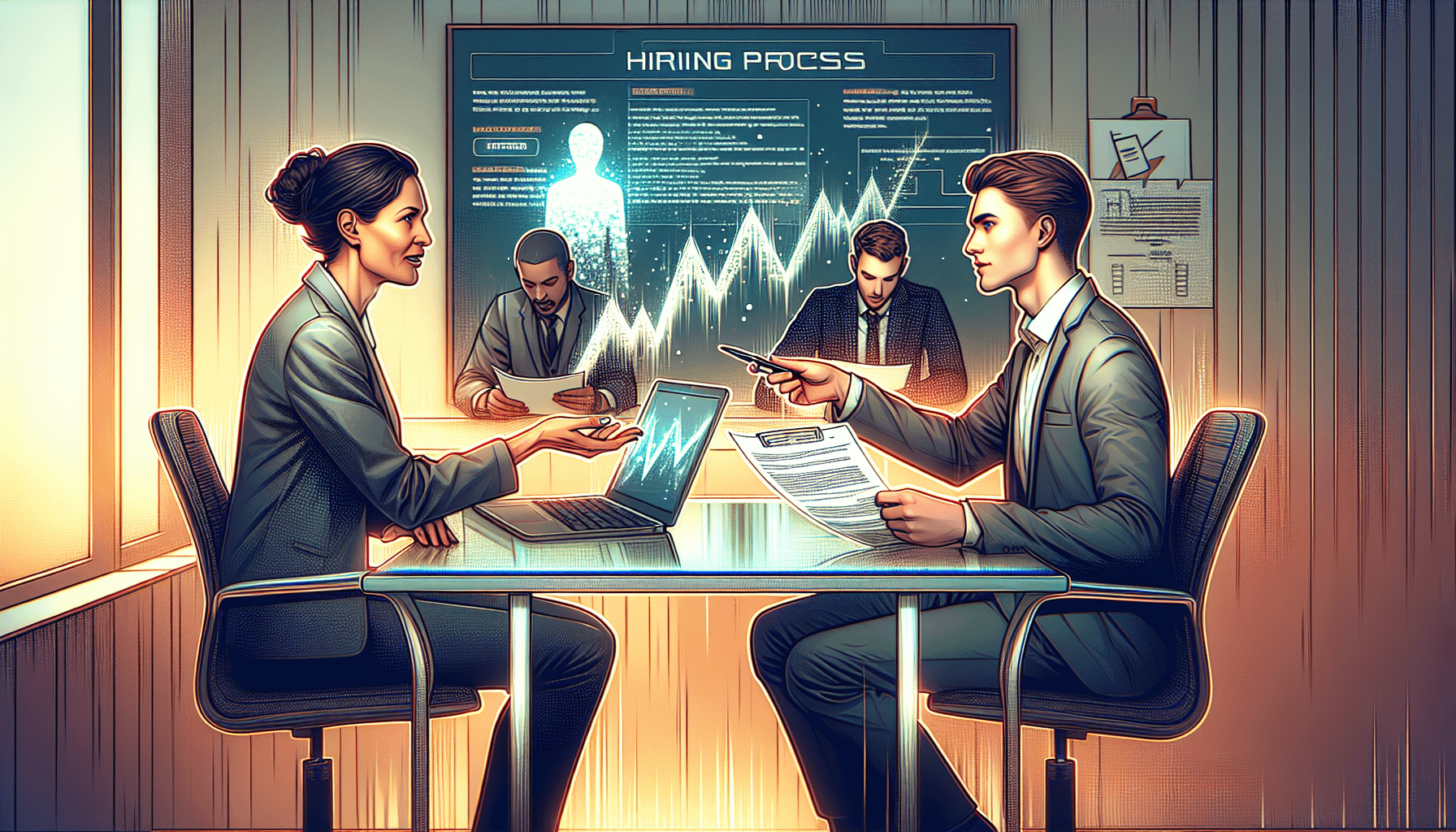 A person interviewing a candidate with a 'Crypto Whitepaper Writer' sign in the background