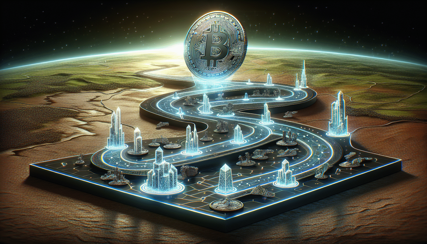 A roadmap illustration with key milestones and a cryptocurrency token