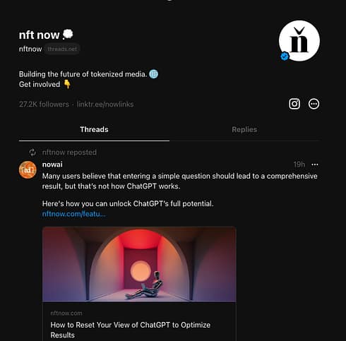 NFT Now Threads Account Screenshot