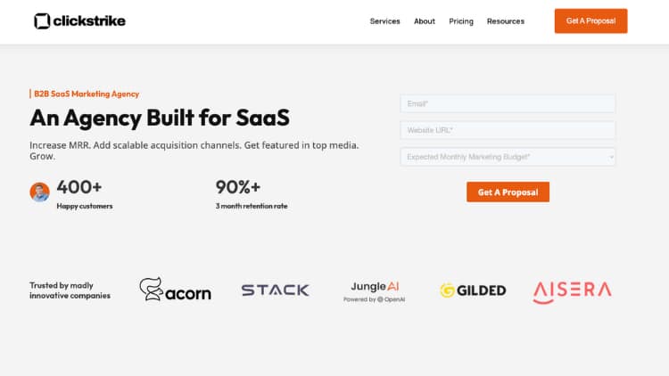 Clickstrike website screenshot, Saas influencer marketing agencies