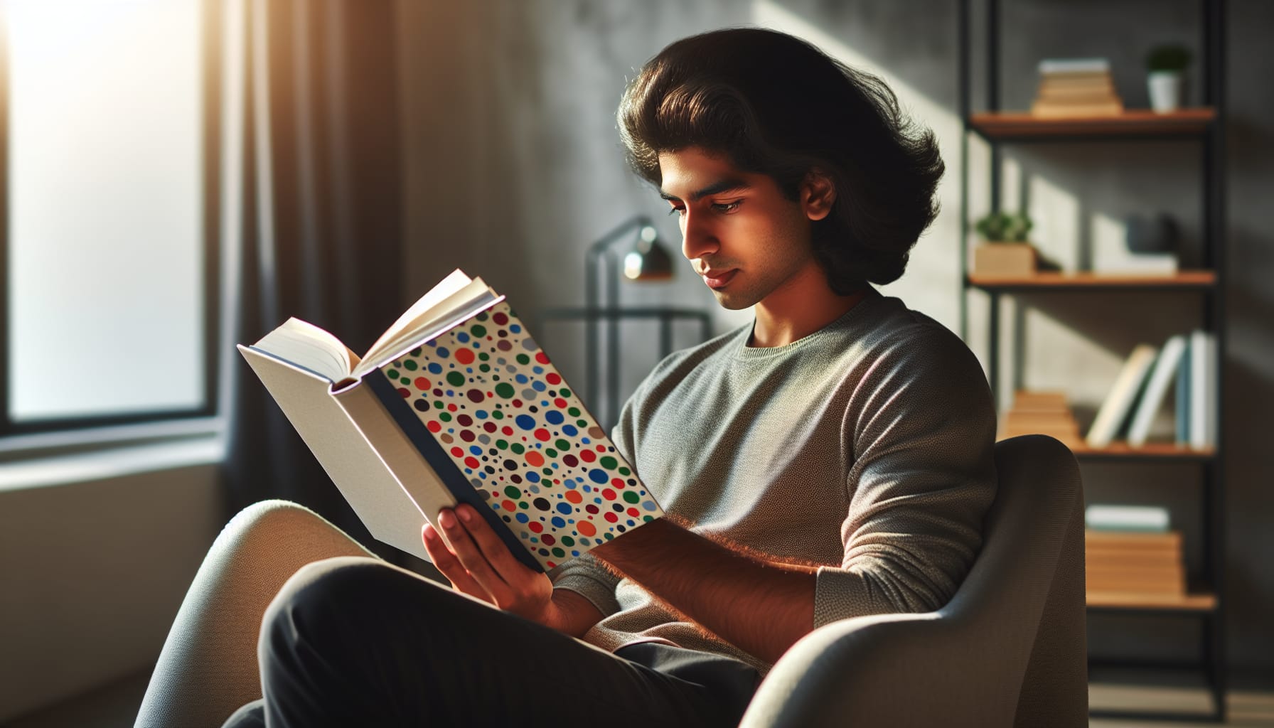 A person reading a book titled 'Digital Marketing Trends'